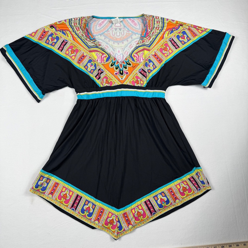 Trina Turk Womens Nepal Tunic Cover-Up Dress L Black Multicolor Geometric Print